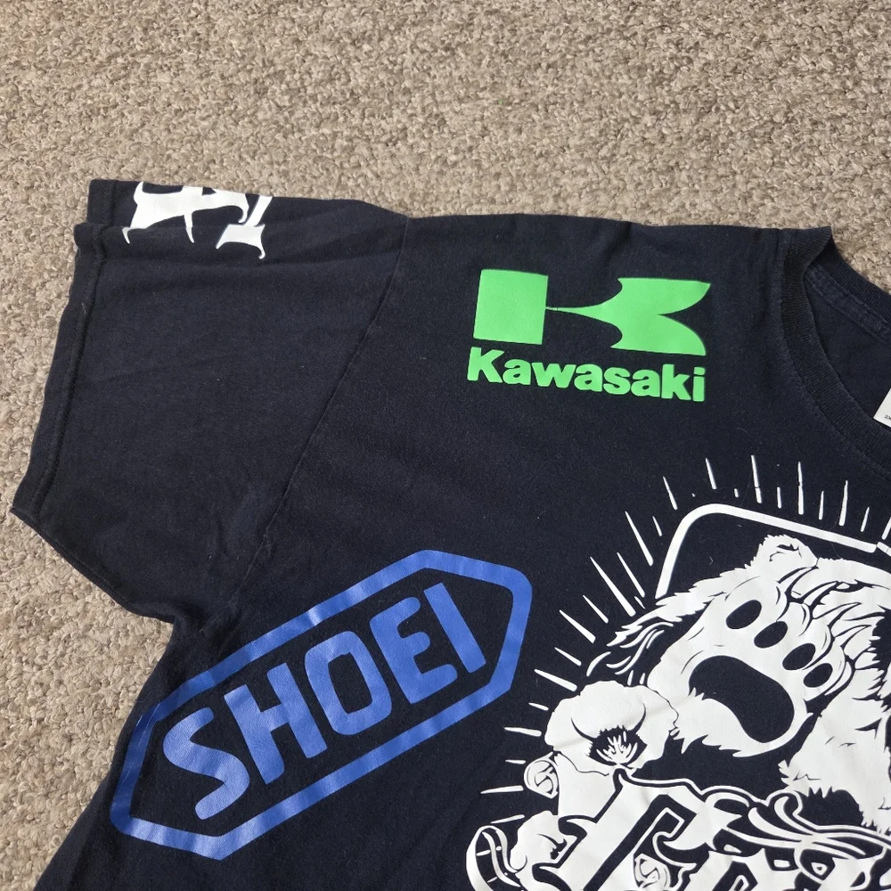 Y2K Motorsport Racing Tshirt All Over Sponser Graphics Kawasaki Shoei Skully 2XL